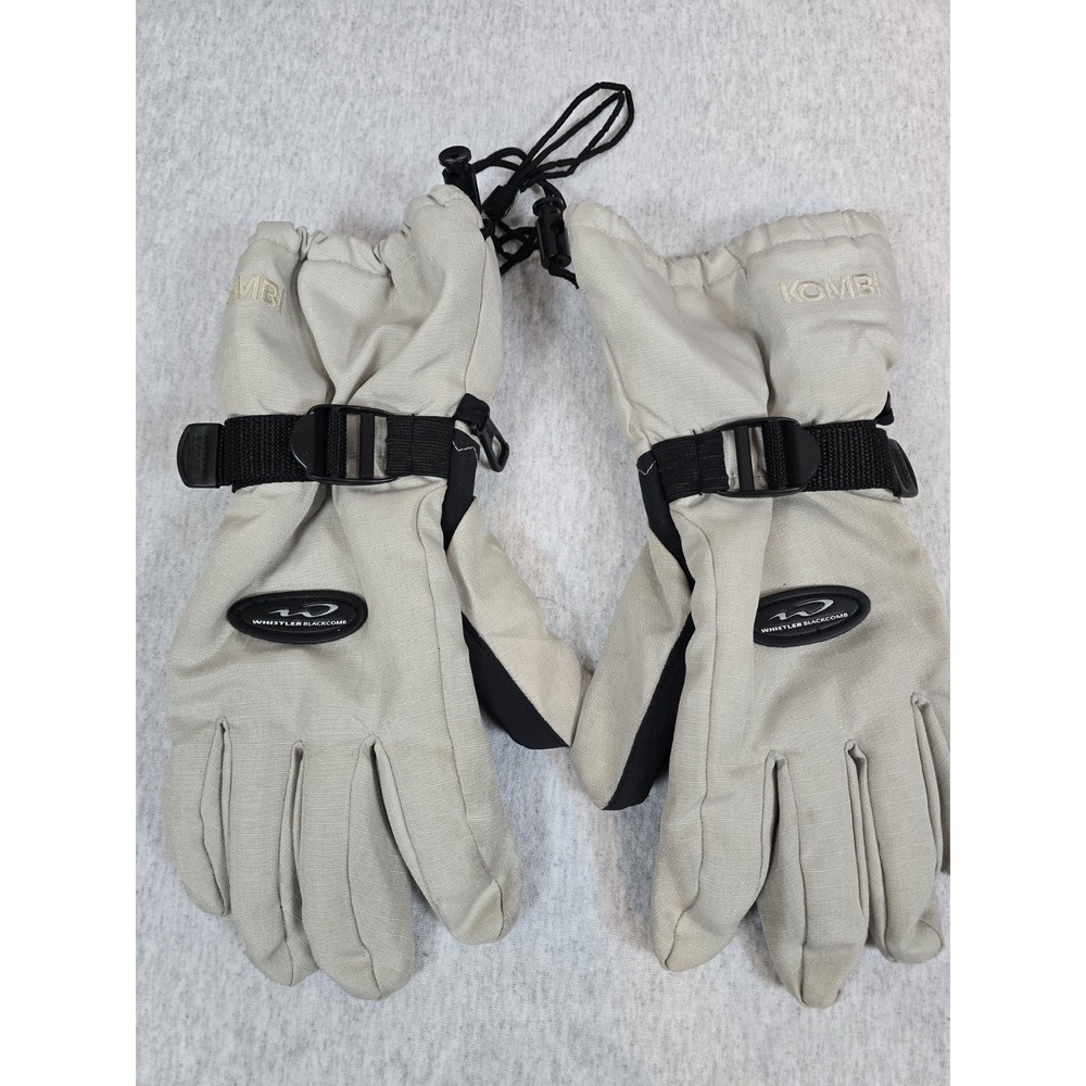 Kombi brand beige and black ski gloves featuring the Whistler Blackcomb logo M